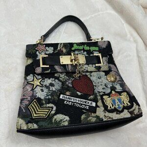 Aldo Dark Floral Brocade Upholstery Patch Messenger Purse Bag Gold Hardware